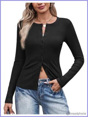 Ribbed Knit Button Up Long Sleeve Cardigan Lightweight Crew Neck Sweater
